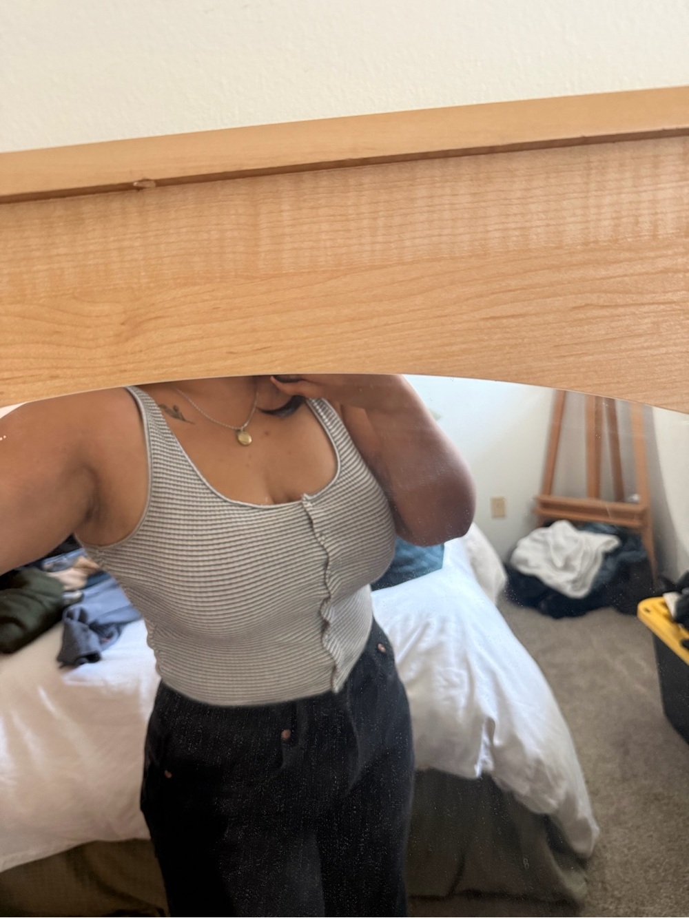 Divided Striped Ribbed Button-Front Tank Top - Light Gray